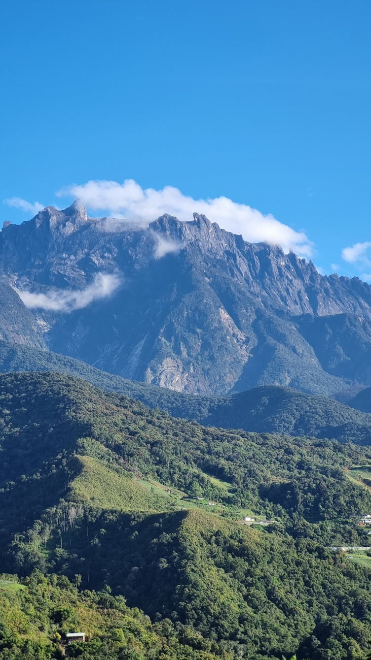 majestic mount kinabalu in clear blue sky